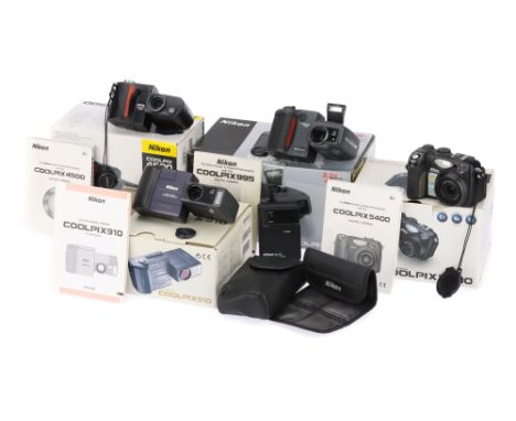 A Group of Nikon Coolpix Digital Cameras comprising a Coolpix 995 digital camera with a MH-50 charger and a EN-EL1 battery, a