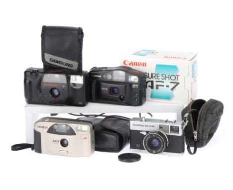 A Mixed Selection of 35mm Compact Cameras, to include a Canon Sureshot AF-7, an Olympus-35 ECR, a Minolta AF25, &amp; a Samsu