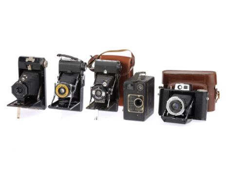 A Selection of Folding Roll Film Cameras comprising an Agilux Agifold 6 x 6cm camera, a Kershaw Soho Eight-20 Penguin and Ker