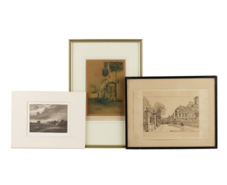 Three Prints; including a Joseph Knight Mezzotint of a bucolic landscape with annotation 'Rawcliffe Chorlton' verso, a lithog