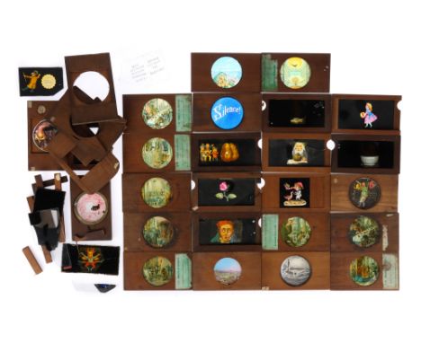 Collection of Mahogany Framed Magic Lantern Slides &amp; Parts, Comprising of a part set of mahogany framed slides with label