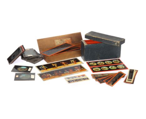 Collection of German Magic Lantern Slides, Comprising of an unmarked set of hanp-painted slides in a card case (2 missing), a