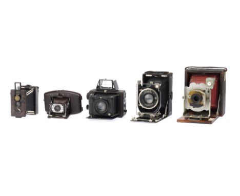 A Selection of Folding Cameras, An Ernemann Miniature Klapp Folding Strut Camera, body G, shutter not working, optics P, haze