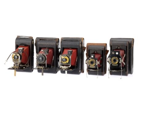 A Selection of Red Bellows Folding Pocket Kodak Cameras comprising a No.3 Folding Pocket Kodak Model F camera, a No.1A Foldin
