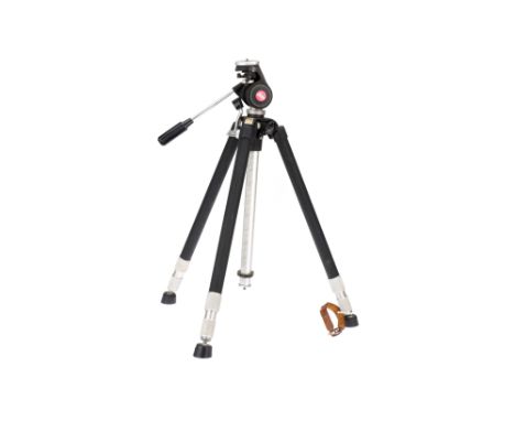 A Leitz Slik Camera Tripod, black &amp; chrome, body G-VG, some signs of wear, red Leitz logos sun-faded, with leather securi