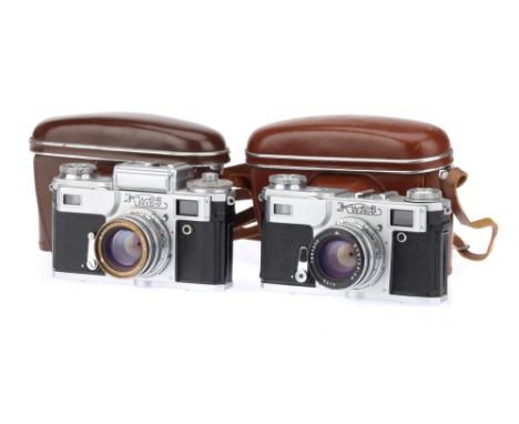 Two Kiev 35mm Rangefinder Cameras, to include a Kiev 4-A, chrome, body G-VG, shutter working, some peel to leatherette, wit h