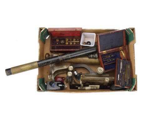 Collection of Scientific Instruments, Comprising of a gun sight telescope by R &amp; J Beck, a large brass enema, a brass bin