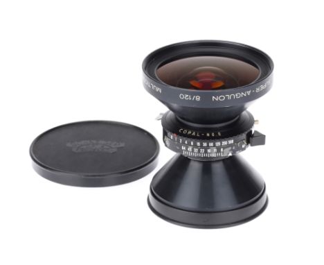 Schneider-Kreuznach Super Angulon 120mm f/8 Large Format Camera Lens, black, serial no. 14308347, body G-VG, aperture lever m