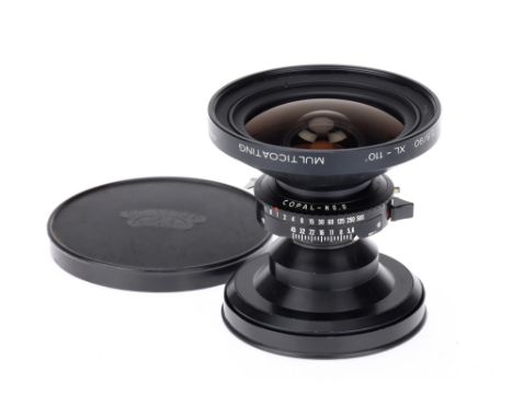 A Schneider Kreuznach Super Angulon 90mm f/5.6 XL 110° Large Format Camera Lens, black, serial no. 14638662, body G-VG, in Co