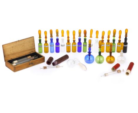 Medical, A Collection of Ophthalmic Droppers, Bottles, Pipettes, 19th and 20th century, in blue, brown, green, clear and (one