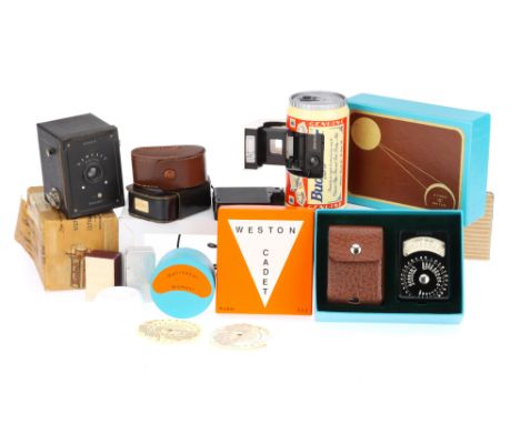 A Selection of Mixed Cameras and Accessories icomprising a Zeon Tech "Budweiser" novelty camera, a Kodak Hawkeye No 127 Film 
