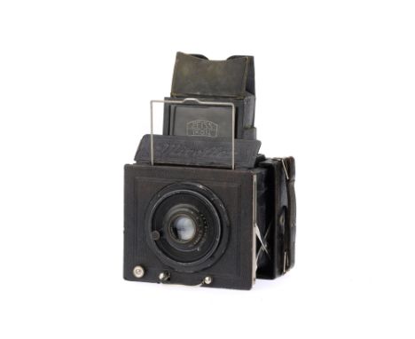 A Zeiss Ikon Miroflex A Folding 6.5 x 9 SLR Plate Camera, black, body G-VG, shutter appears to be working but has some damage
