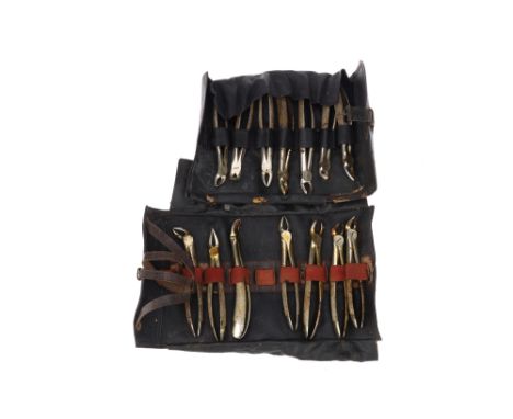 Antique Dental Instruments, two sets of seven dental forceps, both early 20th century, in nickel plated steel, both in leathe