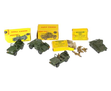 Dinky Army Vehicles &amp; Personnel comprising of boxed 674 Austin Champ, and an unboxed example, 670 Armoured car, Dinky Tan