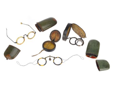 Three Pairs of Antique Chinese Spectacles, all 19th century, a pair of horn rimmed spectacles with double-hinged arms, in gre