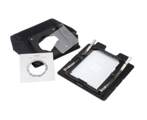 An Unmarked 5x7 Large Format Camera Back, black, body G-VG, ground glass VG, with bellows,
