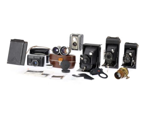 A Mixed Selection of Cameras and Accessories comprising an Ernemann Heag I 9 x 12cm plate camera with an Ernemann Objektiv f/