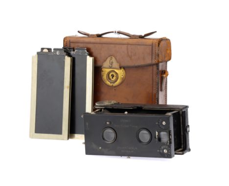 A Goerz Stereo Vest Pocket Tenax Plate Camera black, 1912-25, for 45 x 107mm plates, with two unmarked non-original lenses, s