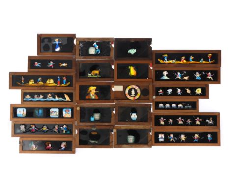 Collection of Mahogany Framed Victorian Magic Lantern Slides, comprising 11 slip slides, 11 smaller mahogany framed slides, a