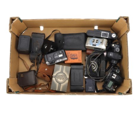 A Tray of Various Cameras including a Nikon D80 DSLR body and a Pansonic Lumix DMC-FZ38 digital bridge camera; folding camera