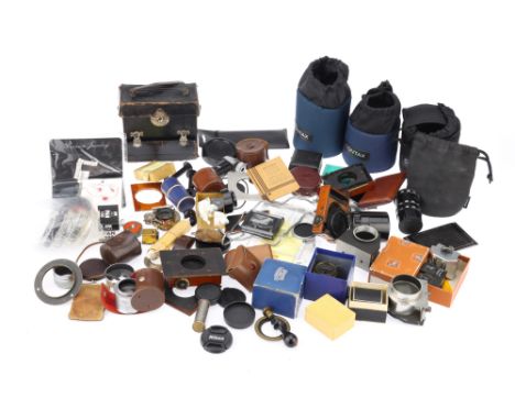 A Mixed Selection of Camera Related Components and Accessories including a Lancaster brass camera lens, a Bertram Chrostar ex