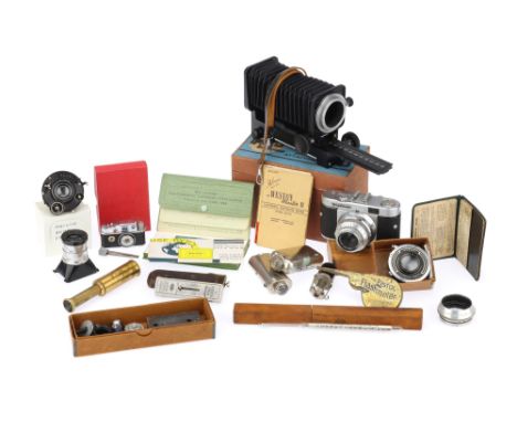 A Mixed Selection of Photographic Accessories, to include a Voigtlander Vito B, a bellows attachment, light meters, two elect