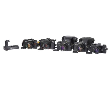 A Selection of Five Japanese SLR Cameras, to include a Mamiya ZE-2, body G-VG, shutter working, a Ricoh KR-5, body G, shutter