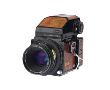 A Zenza Bronica Twentieth Anniversary ETRS Medium Format Camera, black with brown leatherette, body F-G, auxiliary shutter wo