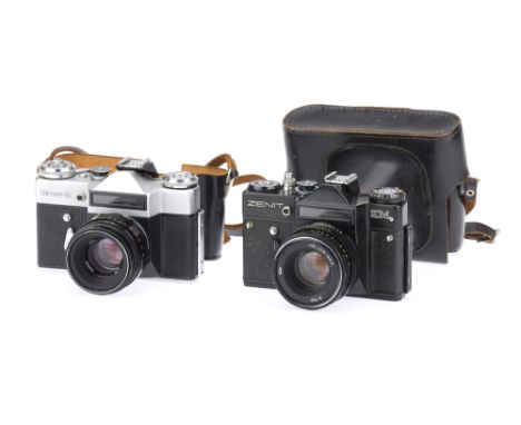 Two Soviet 35mm SLR Cameras, to include a Zenit-E (Soviet domestic model), shutter not working, some prism separation, togeth