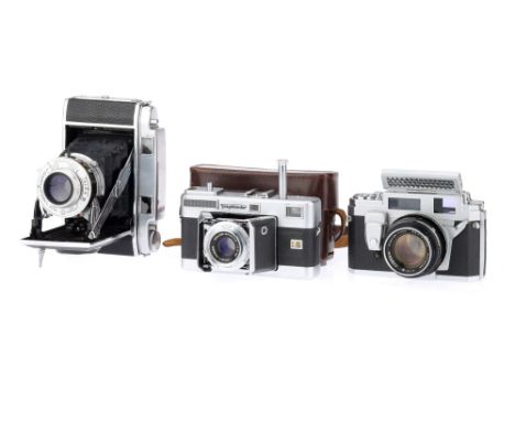 Three Rangefinder Film Cameras comprising a Demaria-Lapierre Telka III folding camera for 6 x 9cm on roll film, with a Demari