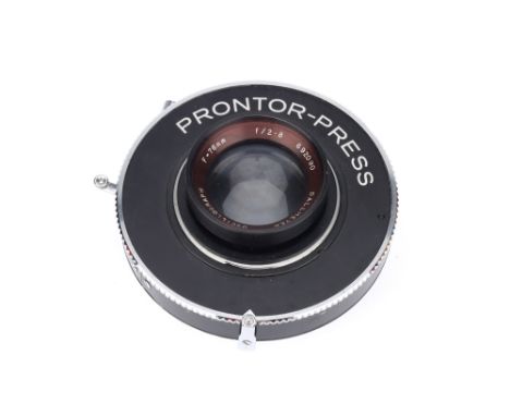 A Dallmeyer Oscillograph f/2.8 76mm Lens serial no.692090, mounted in a Prontor-Press leaf shutter, shutter working, lens opt
