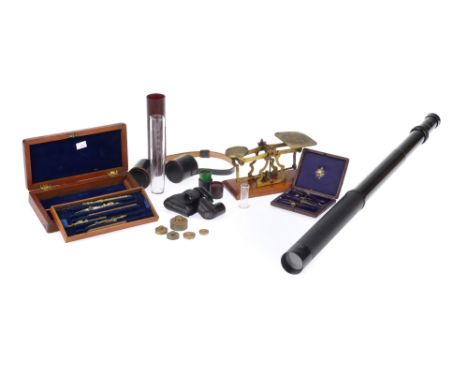 A Small Collectors Lot, comprising of a small letter scale and weights A.F. two cased glass measures, two sets of drawing ins