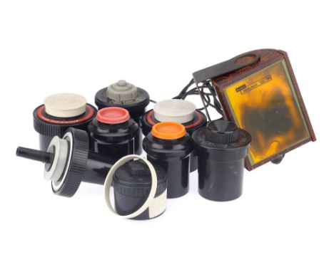 A Mixed Selection of Developing Tanks, together with a safe-light, black &amp; red crackle paint, working at time of auction,