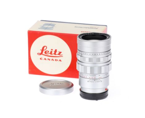 A Leitz Canada Summicron f/2 90mm Lens chrome, 1964, serial no. 2068894, M bayonet, barrel VG, elements F, small ring marks a