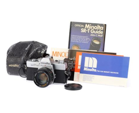 A Minolta SRT 101 35mm SLR Camera, chrome, body G-VG, shutter working, together with a Minolta MC Rokkor-X PF f/1.7 50mm lens