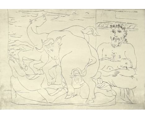 Ets "Le repos du sculpteur devant des chevaux et un taureau" uit de Vollard Suite 2 door Pablo Picasso. Het werk toont een be