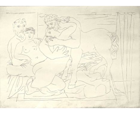 Ets "Le Repos du Sculpteur devant un Centaure et une Femme" uit de Vollard Suite serie door Pablo Picasso (1881-1973). Het we