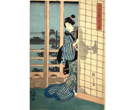 Originele Japanse houtsnede â€œBeauty in a Doorwayâ€, uit een collaboratieve serie van Utagawa Hiroshige (1797â€“1858) en Uta