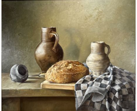 Schilderij van een stilleven met kruiken en een brood door Adriana P. van Zoest (Wapse 1966). Olieverf op doek, rechtsonder v