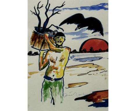 Aquarel van een man met een raaf in een desolaat landschap door Arie Zuidersma (1925-2014). Midden onder gesigneerd, omstreek