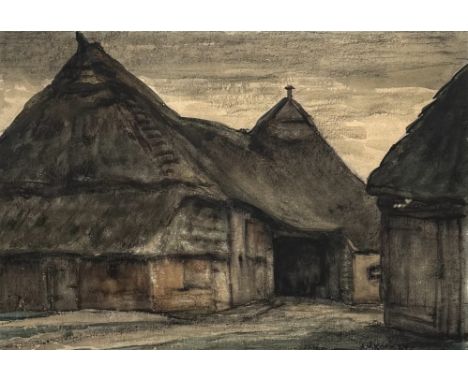 Pasteltekening van een boerderij door Arnold Willem Kort (Haarlem 1881 - 1972 Groningen), uitgevoerd op papier. Rechtsonder g