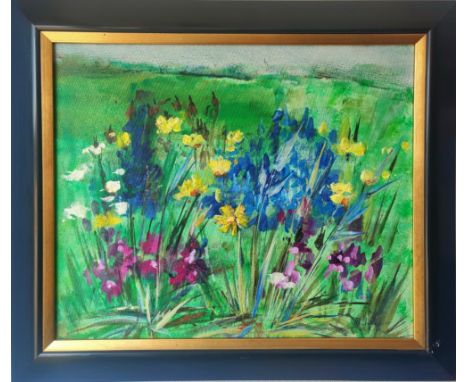 Schilderij met de titel "FÃ¥rÃ¶" door Maya Wildevuur. Olieverf op linnen, rechtsonder vermelding titel, gesigneerd en gedatee