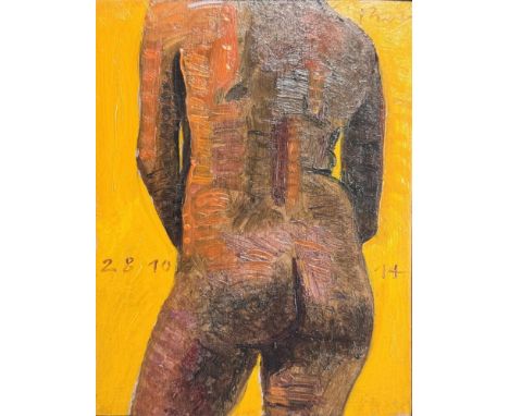 Schilderij van een naakte vrouw door de Groningse kunstenaar Piet Sebens (1961). Olieverf op paneel, rechtsboven gesigneerd e