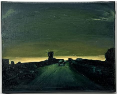 Schilderij van een auto in de verte door Annemarie Terlage (1967). Olieverf op doek, verso gesigneerd en gedateerd 2002. Cond