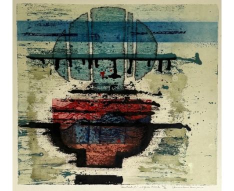 Aquatint getiteld "landschap" door Anne Huitema (Langezwaag, 1941). Rechtsonder met potlood vermelding titel, eigen druk, opl