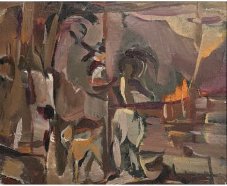 Schilderij compositie, olieverf op doek door Jan Gerrit Jordens (1883-1962). Gesigneerd in verf JOR rechtsboven, jaren 1940. 