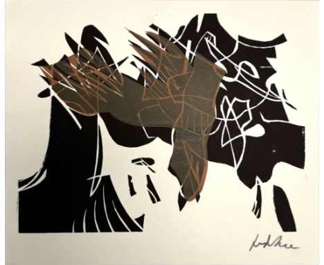 Zeefdruk met een kerst- en nieuwjaarswens door Jan van der Zee (1898-1988). Voorop een abstracte voorstelling en op de achter