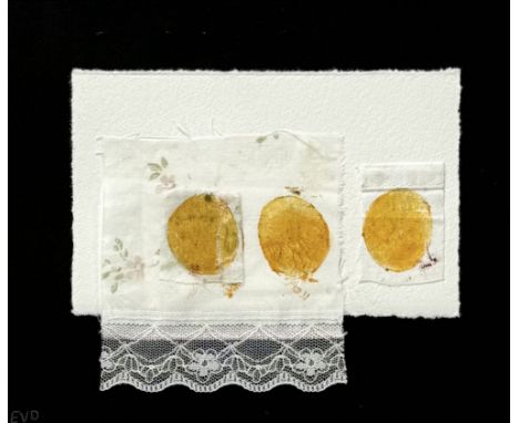 Collage getiteld "Grote verwachtingen, een ode aan mijn ouders". Gemengde techniek met katoeninkt, etsinkt, acryl en karton o