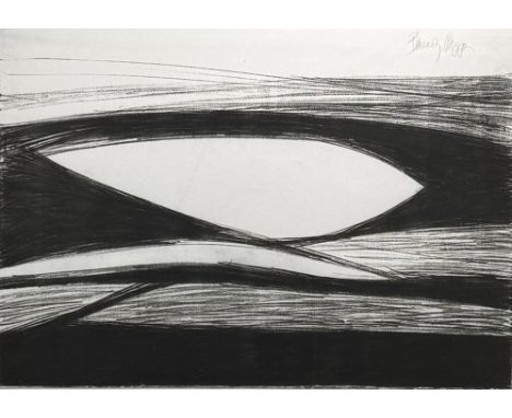 Litho met een abstracte voorstelling door Beverly Pepper (1922-2020), ingekleurd met grafiet. Rechtsboven gesigneerd, circa 1