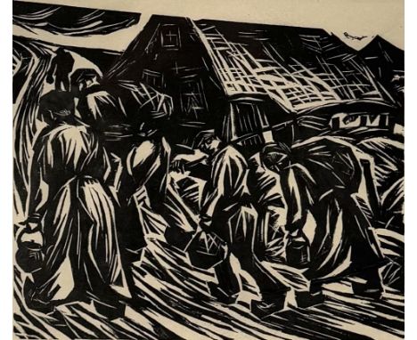 Houtsnede getiteld "Landarbeiders" door Hendrik Johan Melgers (1899-1973). Linksonder vermelding titel en rechtsonder met pot